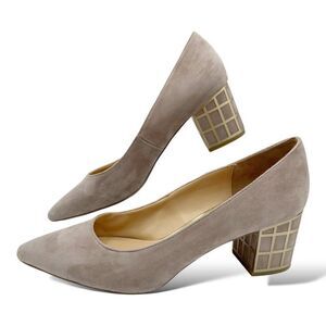 Brian Atwood Karina Taupe Suede Block Heel Pumps With Gold Grid Heel Design 10